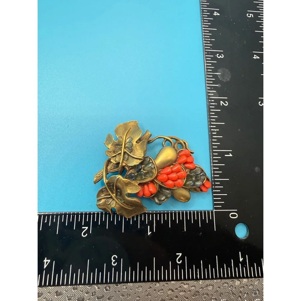 Vintage Brass Grape Cluster Brooch Red Gray Seed Bead Botanical Vine Pin 2‎ Inch